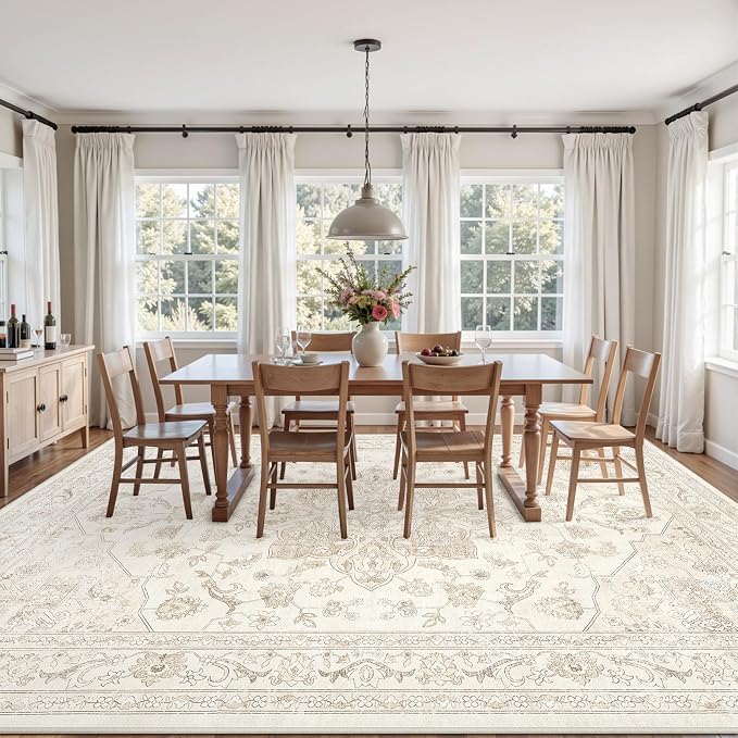 6x9 Area Rugs Living Room: Bedroom Washable Carpet Beige White | Vintage Boho - Image 9