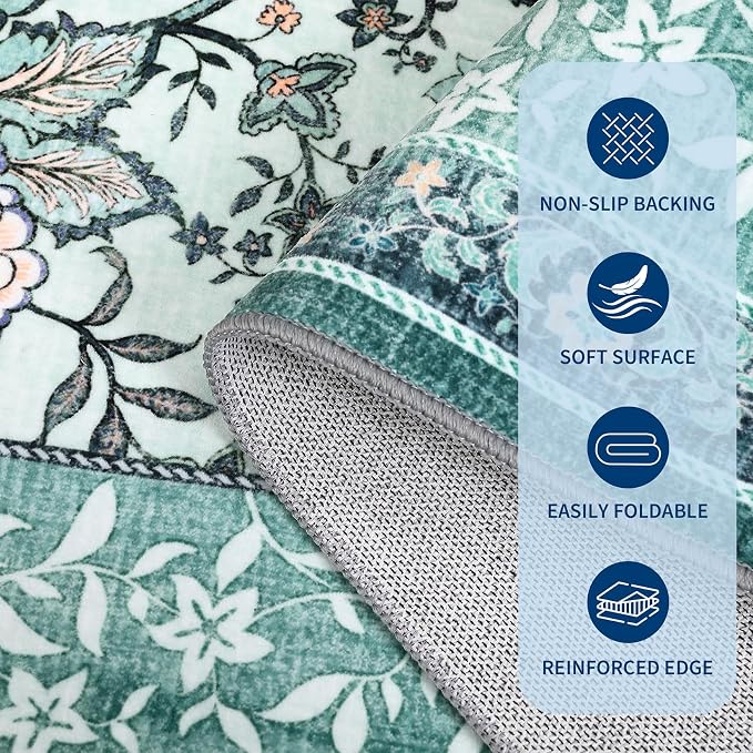 GarveeHome Teal 2x6 Washable Kitchen Runner Rugs Non Slip Provence Botanical - Image 7
