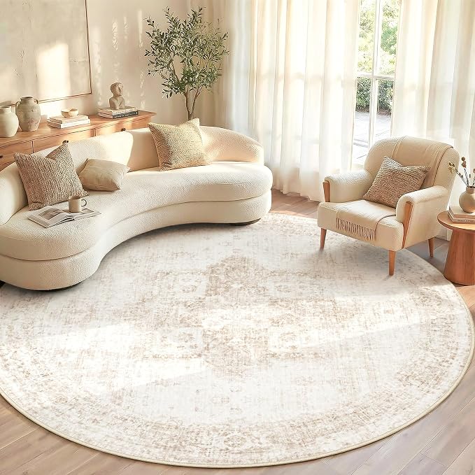 Round Rugs 6ft Washable Rug, Vintage Boho Medallion Rugs Non-Slip Soft Low Pile by VECARF