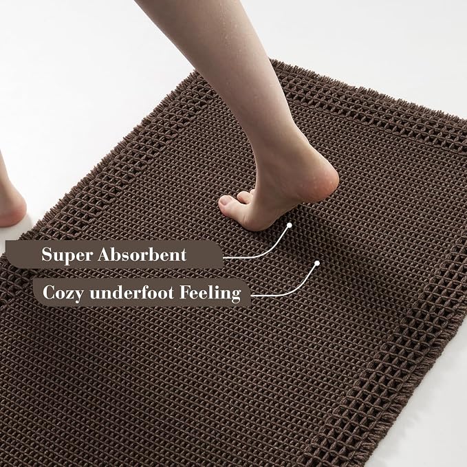RESARE Waffle Bathroom Runner Rugs, Non Slip Boho Bath Mat 24x60 Dark Brown | - Image 3