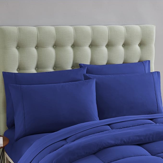 Sweet Home Collection 7 Piece Comforter Set Bag Solid Color All Season Soft Down Alternative Blanket & Luxurious Microfiber Bed Sheets, Royal Blue, Queen