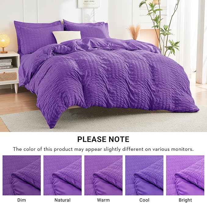 HYMOKEGE Dark Purple Queen Comforter Set Seersucker 7 Pieces, All Season Luxury Bed in a Bag Queen for Bedroom, Bedding Set with Comforter, Sheets, Pillowcases & Shams