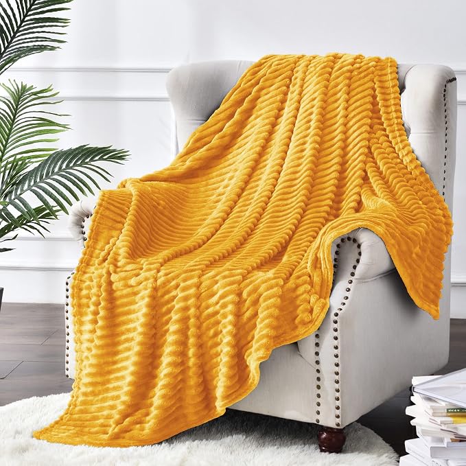 BEDELITE 3D Ribbed Mustard Yellow Fleece Twin Blanket - Image 8