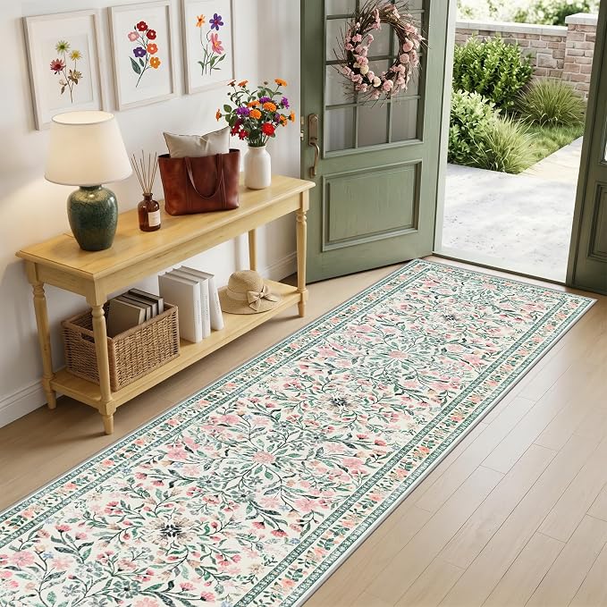 PLHXFR 2x5 Washable Runner Rug：Floral Indoor Kitchen Carpet Green Beige | - Image 2