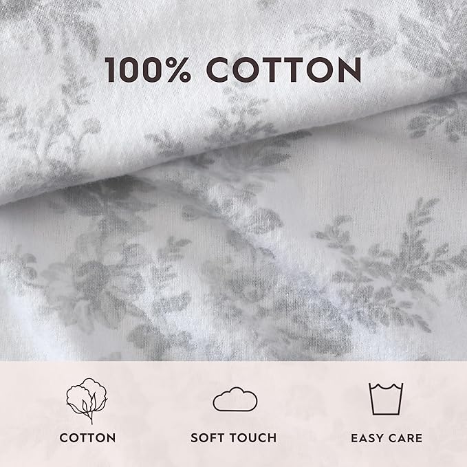 Laura Ashley - Flannel Sheets Full Size, Anti-Pilling & Wrinkle Resistant Cotton, Touchably Soft for All-Season Comfort - Bed Sheets with Matching Pillowcases & Fitted Sheet (Vanessa Grey)
