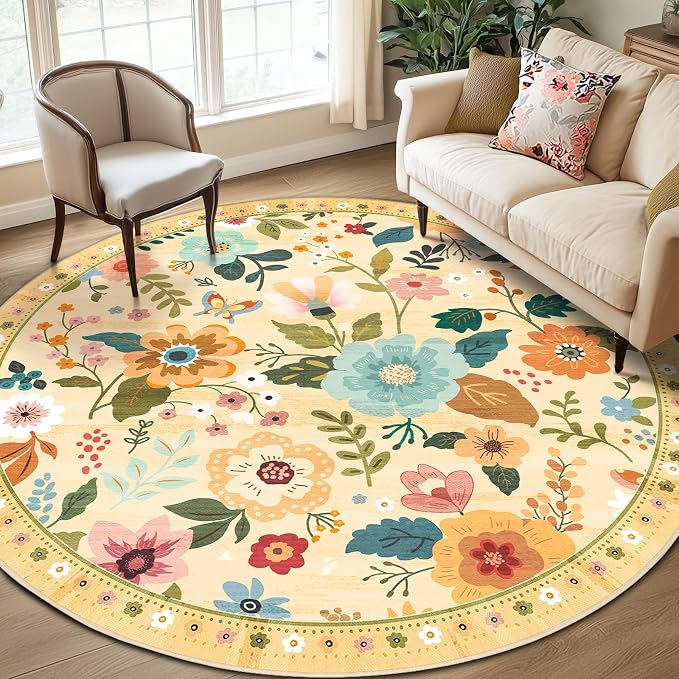RELEANY Floral Washable Round 8ft Area Rug Ivory/Yellow | Flower Carpet Print by RELEANY