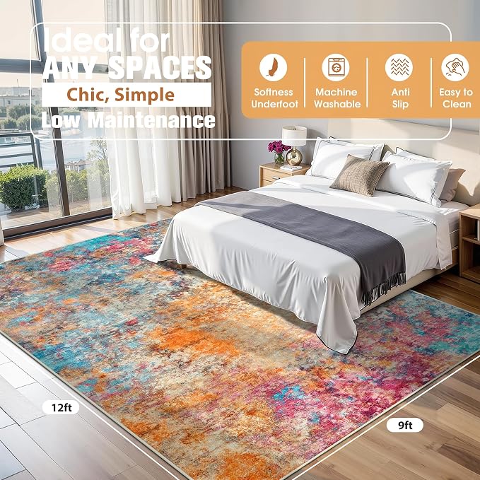 9x12 Area Rugs for Living Room Washable Bedroom Dining Room Colorful | Modern - Image 2