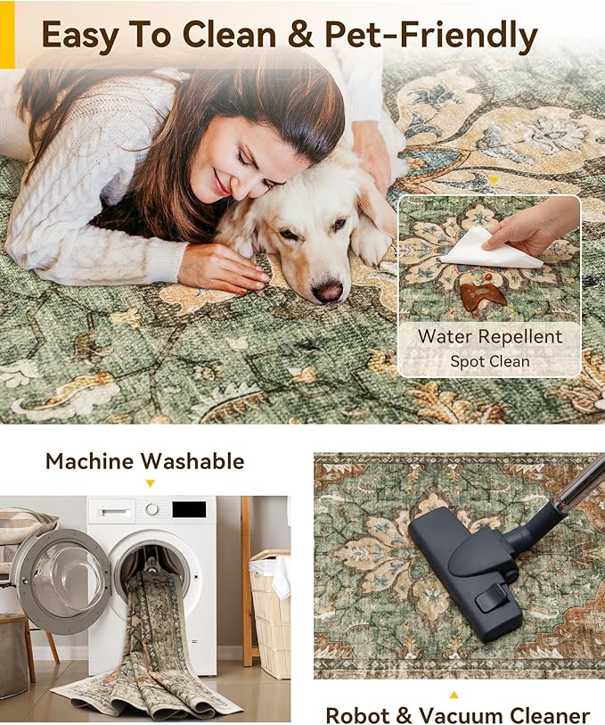 RELEANY Washable Area Rug, Brick/Brown/Green | Non-Slip, Water Repellent - Image 5