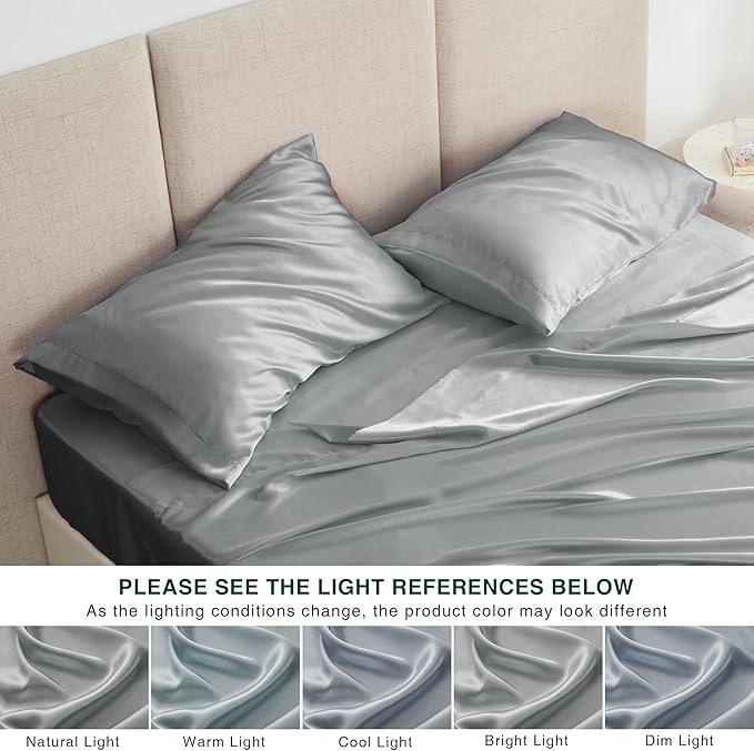 Love's cabin Satin Queen Sheets Set - 4 Piece Dark Grey Silky Bed Sheets with Deep Pocket, Luxury Silk Feel Satin Queen Size Sheet Set (1 Flat Sheet,1 Fitted Sheet,2 Pillow Cases)