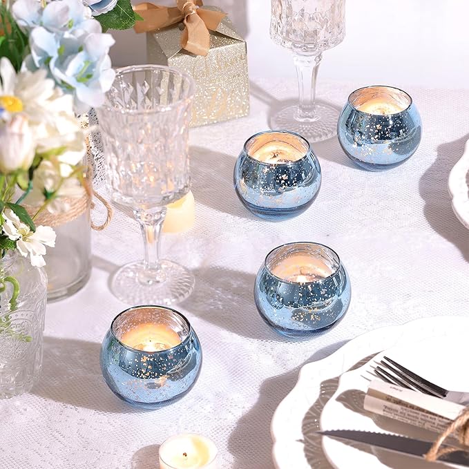 LAMORGIFT 12 PCS Blue Mercury Glass Votive Tealight Holders - Blue Centerpieces for Bridal Shower Decorations, Wedding Table Glass Decor