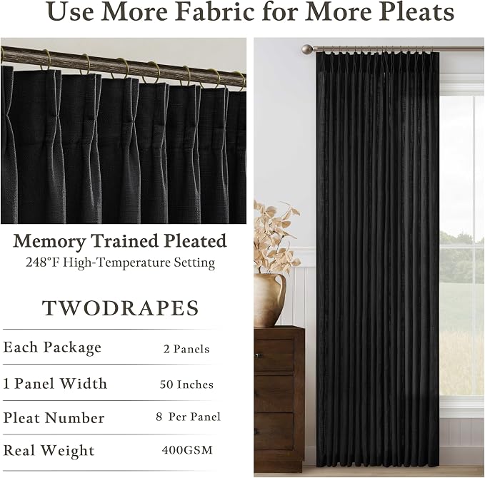 Pinch Pleat Light Filtering Sheer Black Linen Curtains 86 Inch Long 2 Panel | - Image 4
