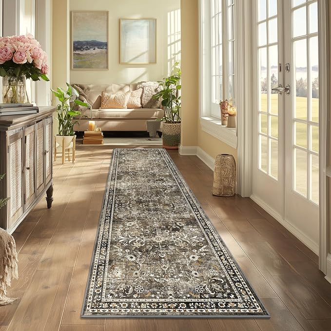 Yamaziot 2x8 Washable Hallway Runner Rug Non Slip Floral Carpet, Tan | Soft - Image 2