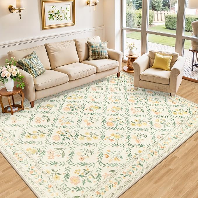PLHXFR 8x10 Area Rug Living Room: Floral Washable Boho Carpet Beige Multi | - Image 2