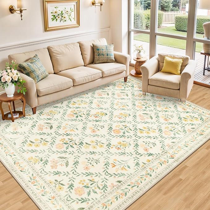 PLHXFR 6x9 Area Rug Living Room: Floral Washable Boho Carpet Beige Multi | - Image 2
