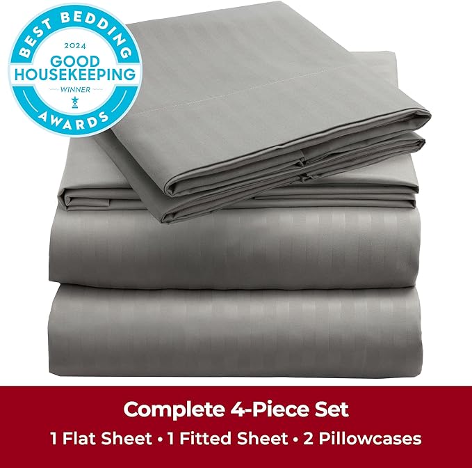 Mellanni Queen Sheets Set - 4 PC Iconic Collection Bedding - Hotel Luxury, Extra Soft, Cooling Bed Sheets - Wrinkle, Fade, Stain Resistant (Queen, Striped Gray/Silver)