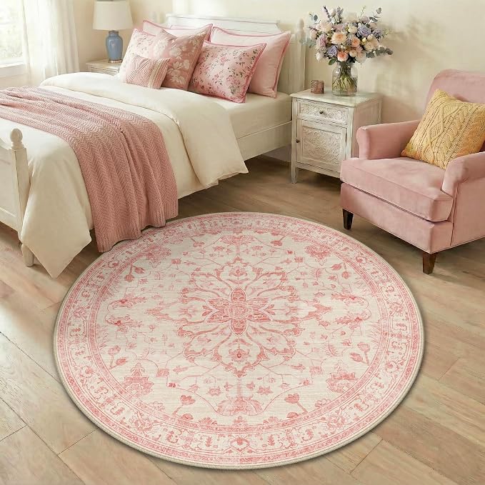 RELEANY Washable Area Rug, Round 4ft, Water Repellent, Pet Friendly, Vintage by RELEANY