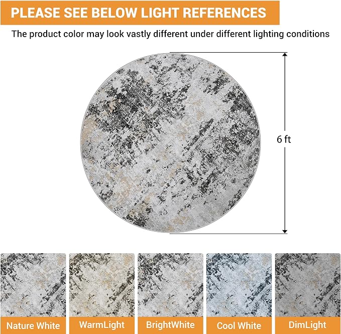 Round Rug 6ft Washable Rug for Dining Room Living Room Black Grey Gold | Modern - Image 2