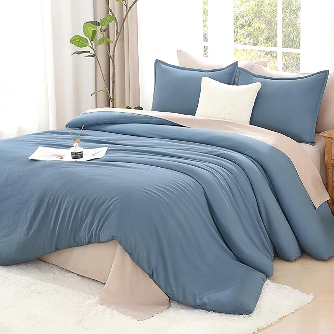 Litanika Oversized King Comforter Set Grayish Blue Super King Plus Size, 3 Pieces Lightweight Solid Bedding Comforter Set, All Season Fluffy Bed Set (128x120In Comforter & 2 Pillowcases)