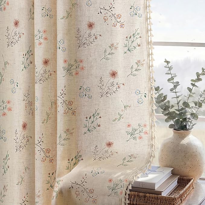 Boho Floral Light Filtering Curtains 63 Inch 2 Panels Linen Texture | Farmhouse - Image 4