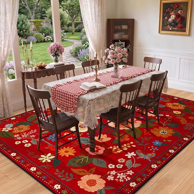 Floral Washable 5x7 Area Rugs Red/Orange | Flower Carpet Print Boho Cute Non - Image 8