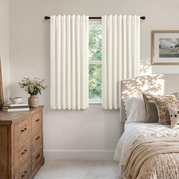 Short Blackout Curtains for Bedroom 45 Inch Length 2 Panels Faux Linen Cream - Image 3