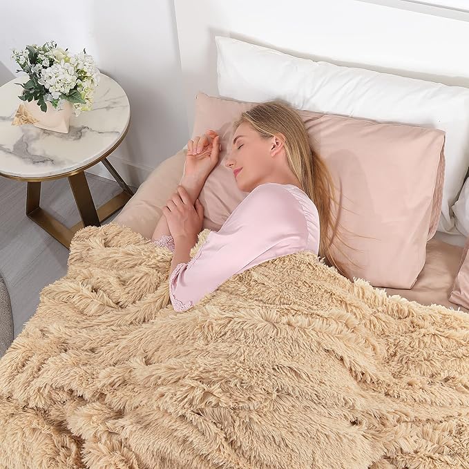 Tuddrom Decorative Extra Soft Faux Fur Throw Blanket 50"x60",Solid Reversible Fuzzy Lightweight Long Hair Shaggy Blanket,Fluffy Cozy Plush Fleece Comfy Microfiber Blanket for Couch Sofa Bed,Apricot