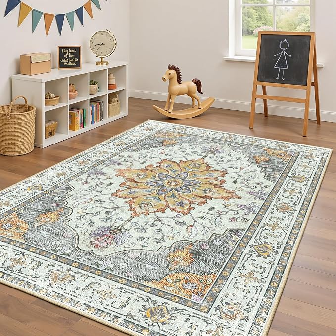 RELEANY Washable Area Rug, Water Repellent, Pet Friendly, Vintage Floral Boho - Image 3