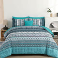 Cottolester Boho Full Size Comforter Set 8 Pieces, Teal Comforter Bohemian Striped Bed in A Bag, Soft Microfiber Bedding Set for All Seasons