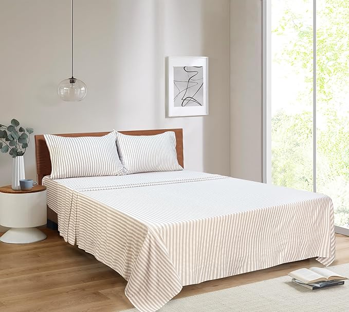 Mejoroom Striped Queen Size Sheet Set - Hotel Luxury 1800 Bedding Sheets & Pillowcases - Deep Pocket Fitted Sheet, Soft, Breathable, Wrinkle & Fade Resistant - 4 Piece (Beige Stripe)