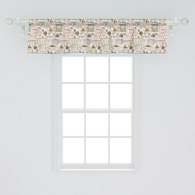 Ambesonne Modern Window Valance, Coffee Time Vintage Espresso Machine Cupcakes Beans Design, Curtain Valance for Kitchen Bedroom Decor with Rod Pocket, 42" x 12", Pale Pink Beige