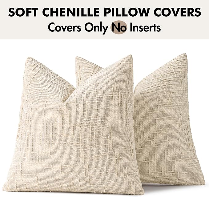 MIULEE Chenille Textured Throw Pillow Covers Beige 18x18 Set of 2 | Slubby - Image 8