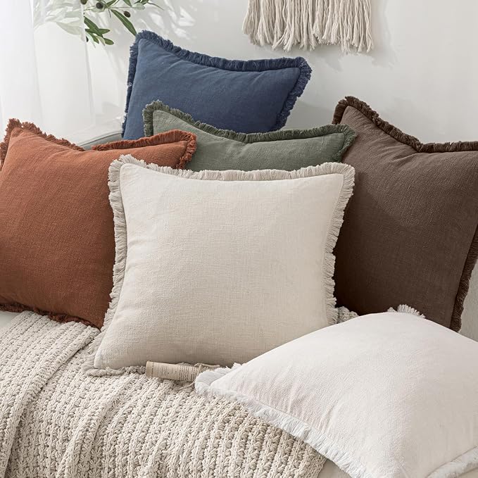 MIULEE Linen Fringe Decorative Fall Euro Pillow Covers Reddish Brown 24x24 | - Image 6