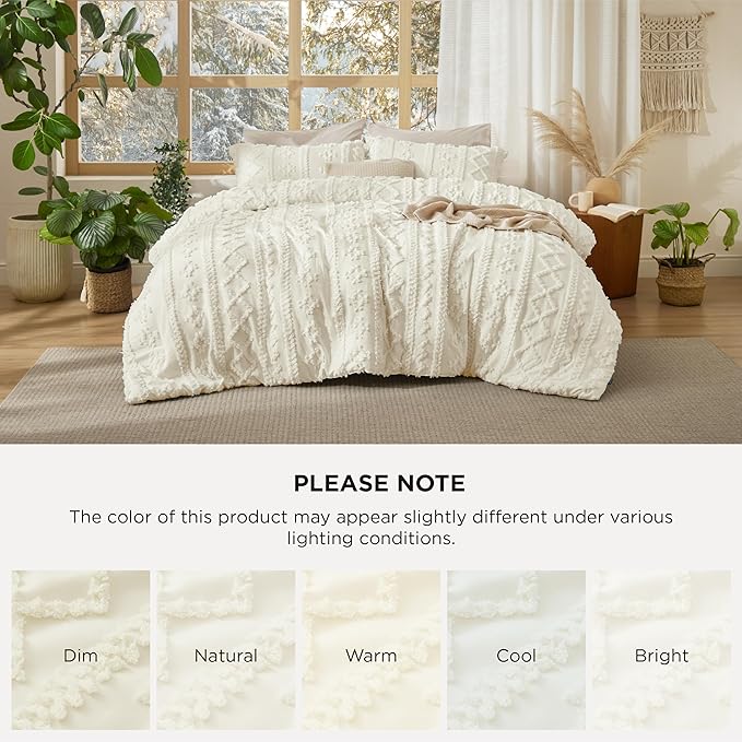 Bedsure Tufted Boho Comforter Set Queen Size - Ivory Boho Bed Set, GentleSoft™ 3 Pieces Farmhouse Shabby Chic Embroidery Bedding, Gifts for Woman, Soft Jacquard Queen Comforter for All Seasons