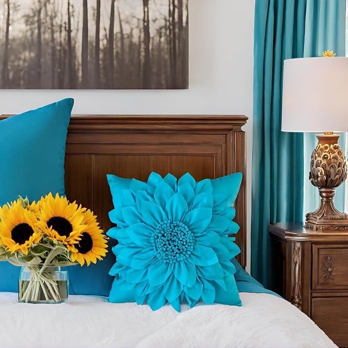 Teal Blue Accent Flower Decorative Throw Pillow Covers - Image 4