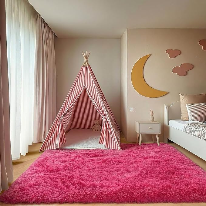 Hot Pink Rugs for Living Room Bedroom, Fluffy 5x8 Bedside Area Rug, Soft Plush - Image 6