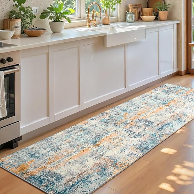 Runner Rug for Kitchen Hallways Runner Rug Non Slip 2'6''x8' Washable Blue Long - Image 3