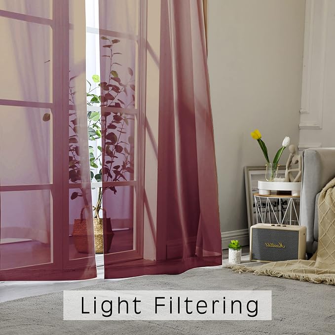 Burgundy Red Sheer Curtains 72 Inches Long 2 Panels Set, Transparent Voile - Image 2