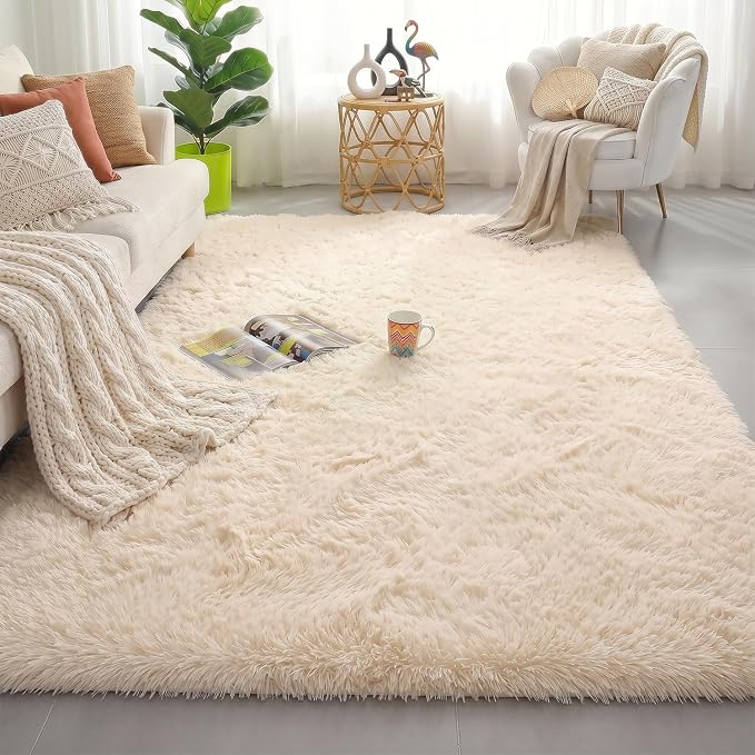 Amdrebio Beige Boho Fluffy Area Rug 5x8 - Image 5