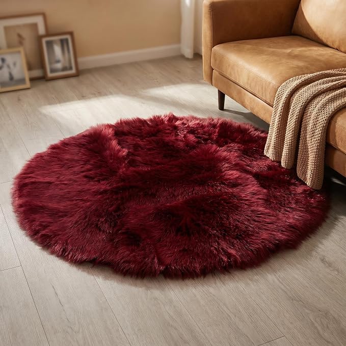 duduta Burgundy Faux Fur Sheepskin Round Rug 4x4 ft, Fluffy Shag Circle Rug | - Image 5