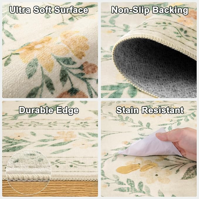 PLHXFR 2.6x10 Washable Runner Rug：Floral Indoor Kitchen Carpet Beige Multi | - Image 8