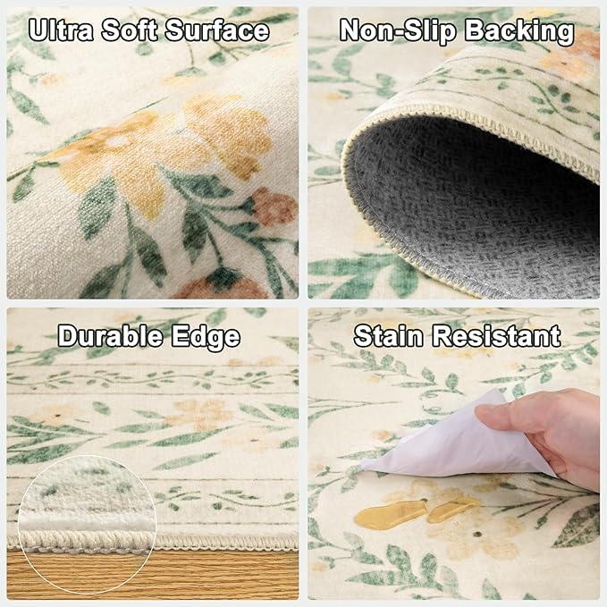 PLHXFR 2x3 Small Entryway Rug: Floral Washable Indoor Carpet Beige Multi | - Image 7