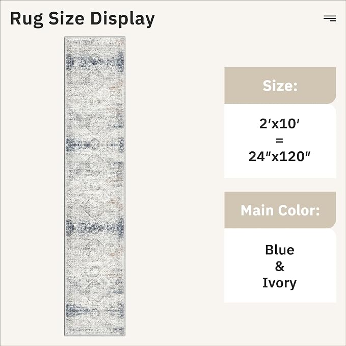 Soalmost Runner Rug 2x10 Washable Hallway Kitchen Runners Blue/Ivory | Non-Slip - Image 5