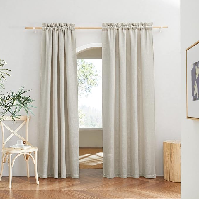 RYB HOME Linen Flax Curtains 84 Inches Long - Breathable Flax Linen Woven Semi Sheer Curtains Privacy Drapes UV Rays Protected for Room Divider, Wedding Party Backdrop, W 52" x L 84", Angora, 2 PC