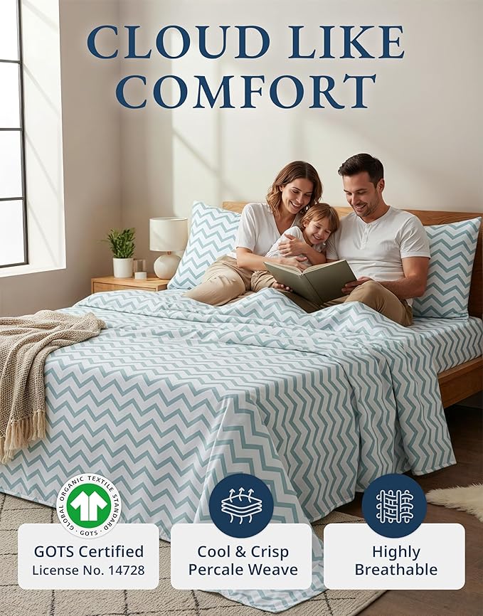 LANE LINEN 100% Organic Cotton Twin Size Bed Sheets, Fully Elasticized Mercerised Cotton Naturally Cooling Twin Bed Sheets Machine wash Ecor Friendly Prined Deep Pocket Sheets -Chevron Design