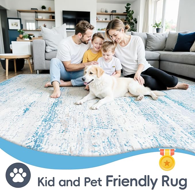 9x12 Washable Area Rug for Living Room Bedroom: Non-Slip Modern Light Blue | - Image 4