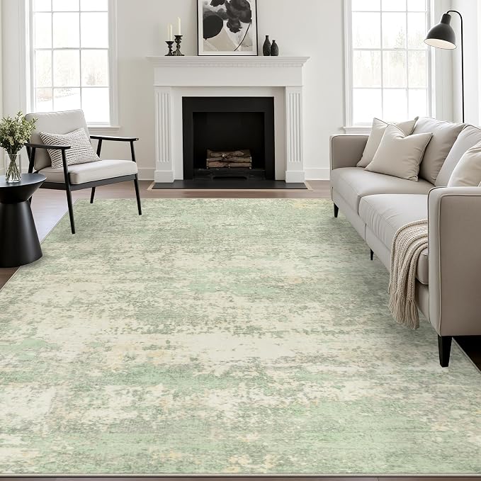 10x12 Area Rug Living Room: Modern Washable Soft Carpet Green Cream | by FXRHLP