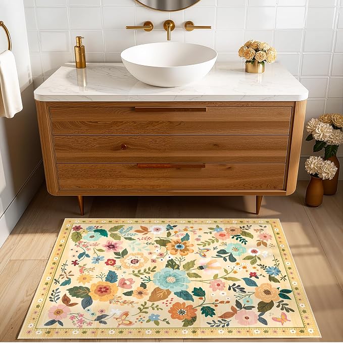 RELEANY Floral Washable 2x3 Area Rugs Doormat Ivory/Yellow | Flower Carpet - Image 8