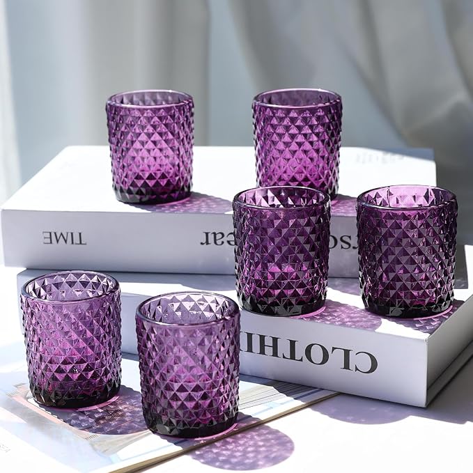 Woho 12pcs Purple Votive Candle Holders, Glass Tealight Candle Holder for Vintage Halloween Party Decor, Tea Lights Candle Holder for Wedding Engagement Table Centerpiece