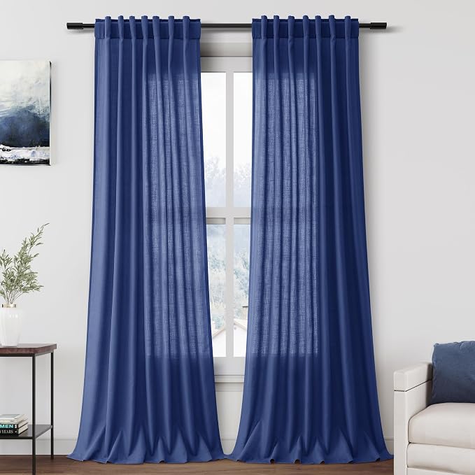 Classic Blue Linen Curtains 108 Inches Long by Nanspring