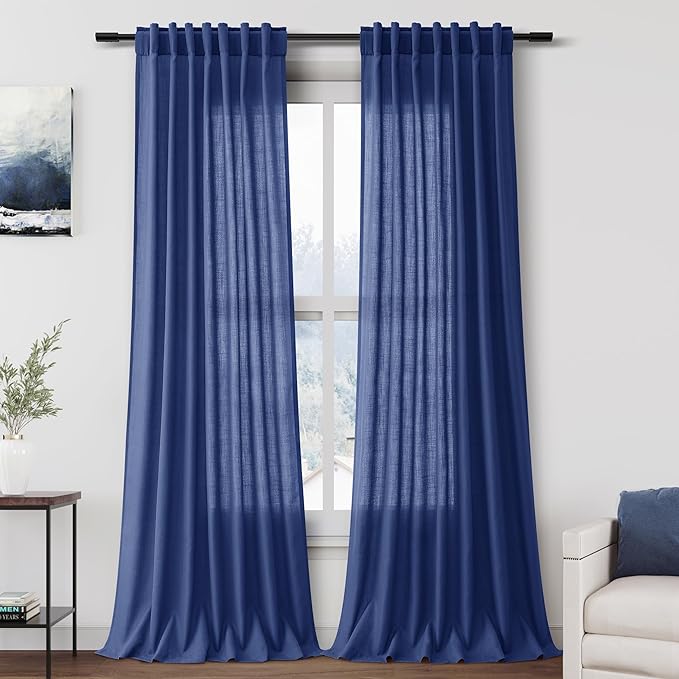 Classic Blue Linen Curtains Semi Sheer 96 Inches Long 2 Panels Set by Nanspring